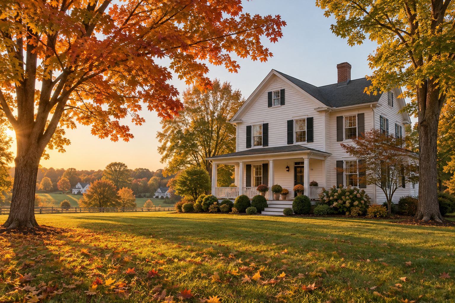 A white farmhouse with a front lawn and maple trees at golden hour, illustrative